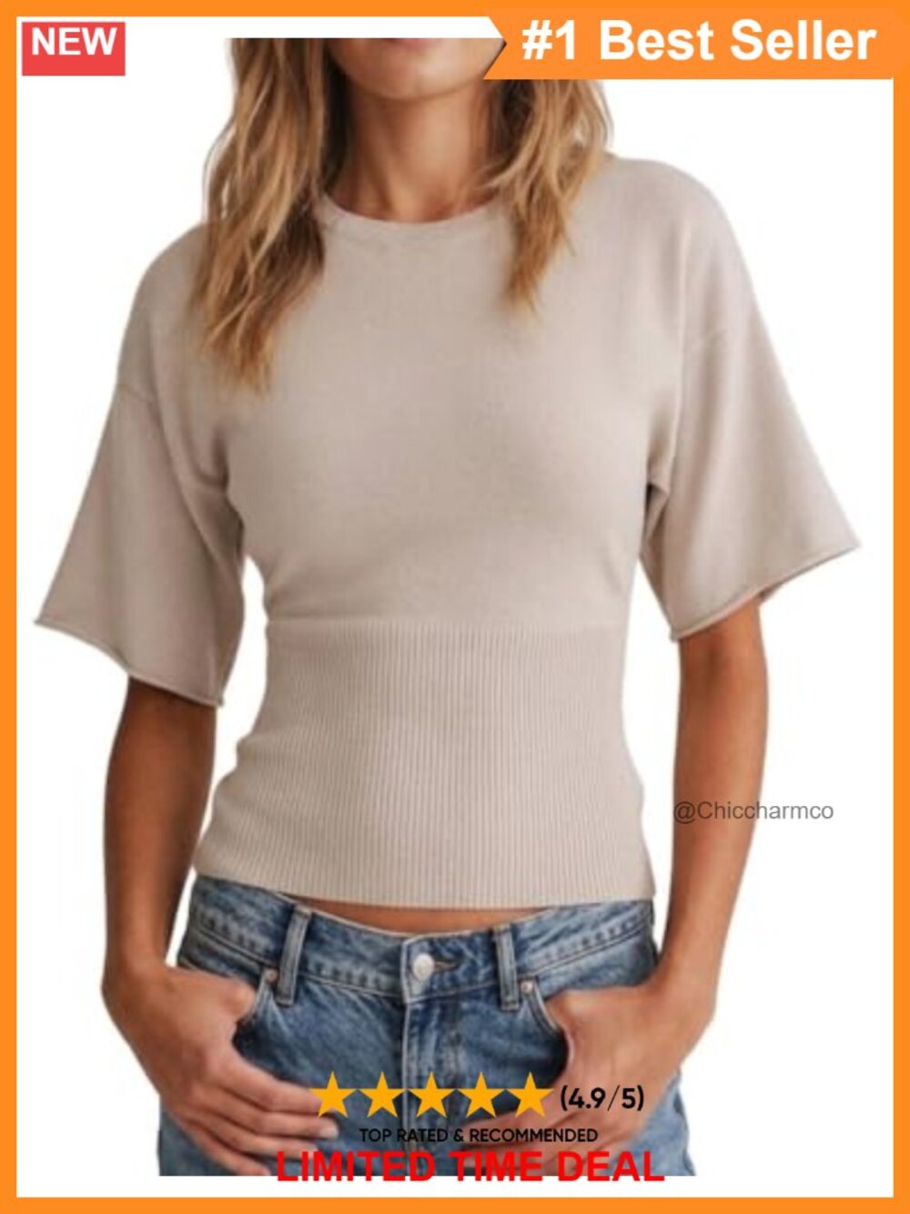 Womens Short Sleeve Ribbed Knit Sweater Crew Neck Cinched Waist Fitted Pullover - Picture 1 of 5